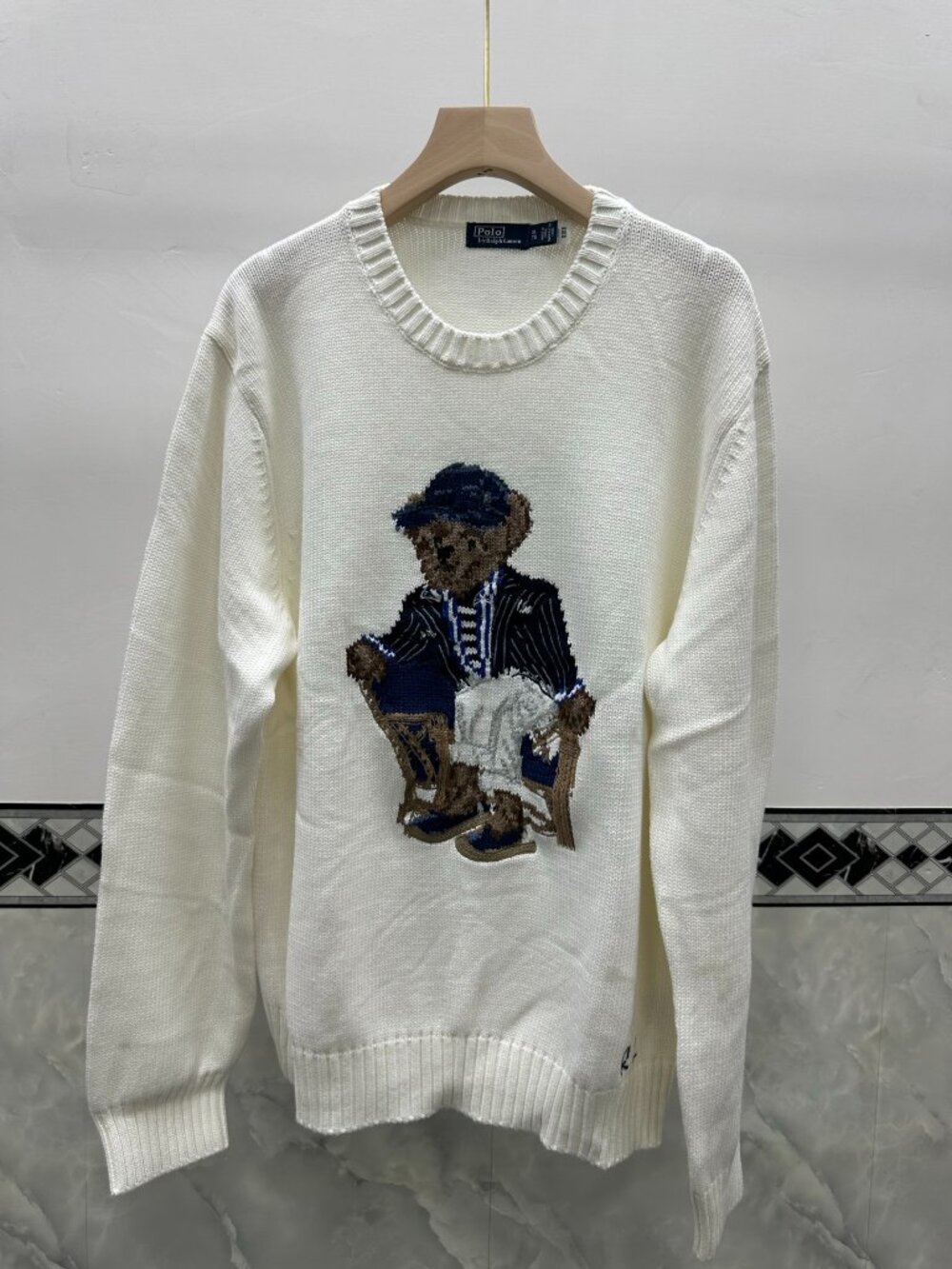 Polo Ralph Lauren White Sitting Striped Blazer Polo Bear Crewneck Knit Sweater